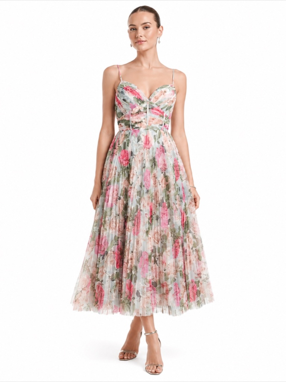 Betsy & Adam - Floral Printed Pleated Tulle Fit & Flare Dress